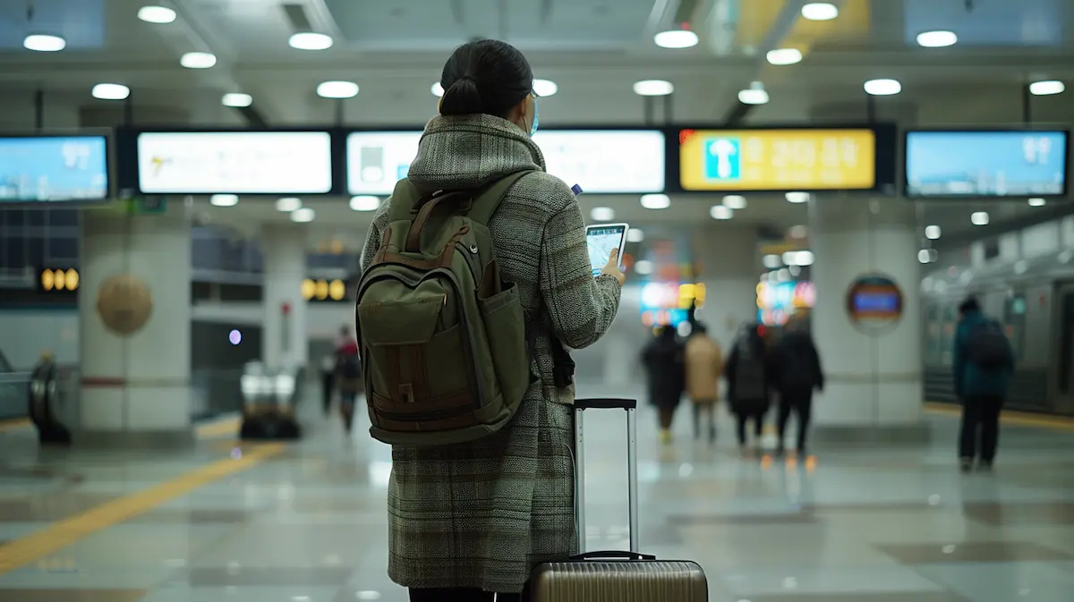 Foreign visitor checking a Korean map app and transport card at an airport station in Korea