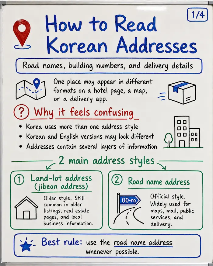 Whiteboard-style card news explaining how to read Korean addresses, including road name addresses, land-lot addresses, building numbers, and delivery details.