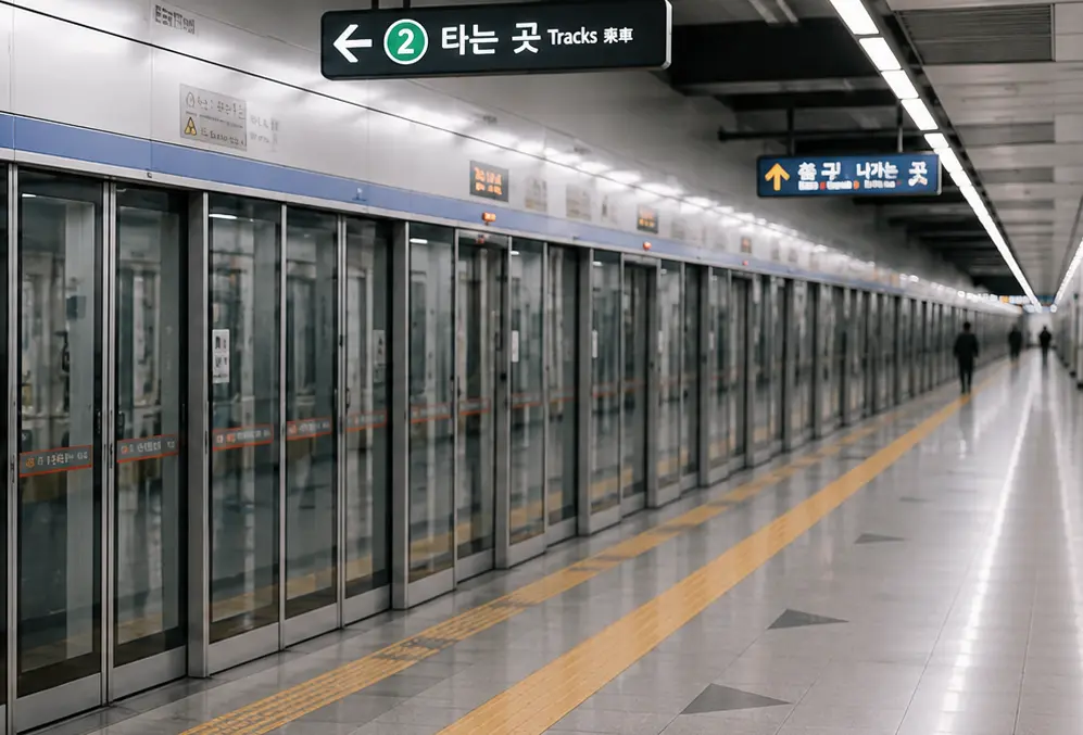 Quiet Korean subway platform showing public transportation manners for first-time visitors