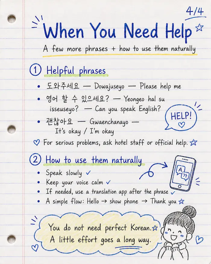 Lined notebook style card news explaining Korean phrases for asking for help, asking if someone speaks English, and using translation apps naturally.