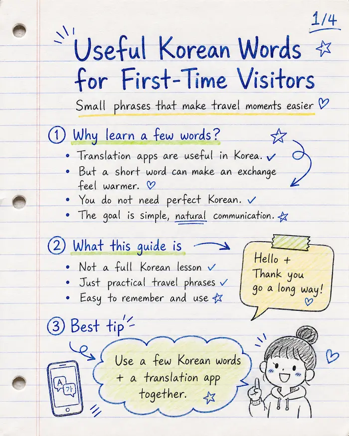 Lined notebook style card news explaining useful Korean words for first-time visitors, including why short Korean phrases can help during travel in Korea.