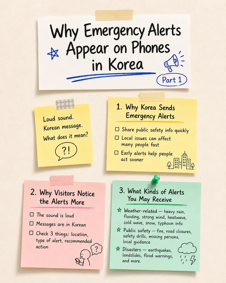 Sticky note card news explaining why emergency alerts appear on phones in Korea, including loud sounds, Korean messages, and location-based alerts.