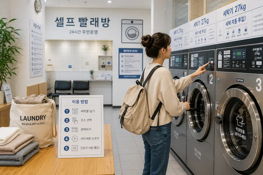 Traveler using a washing machine at a self-service coin laundry in Korea