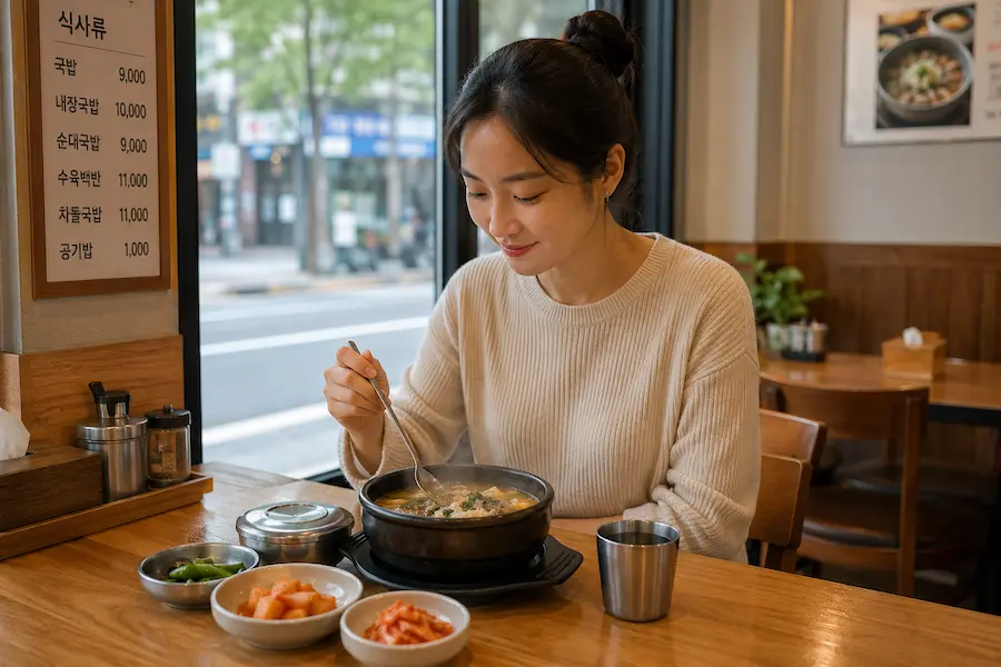 Woman eating alone at a Korean restaurant with soup, rice, and side dishes