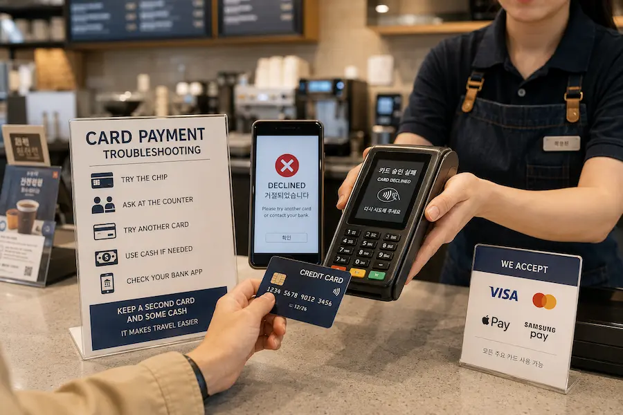 Traveller checking a declined foreign card payment at a café counter in Korea