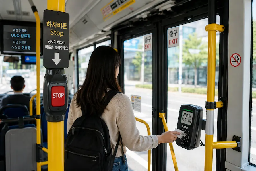 Passenger tapping a transportation card before getting off through the rear door of a Korean city bus