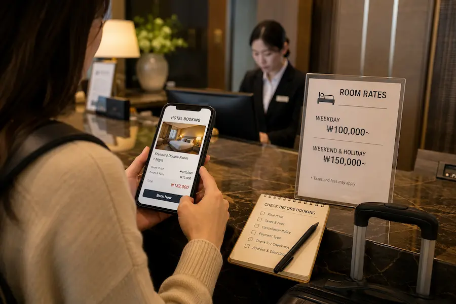 Traveler checking hotel booking details and room rates at a reception desk in Korea