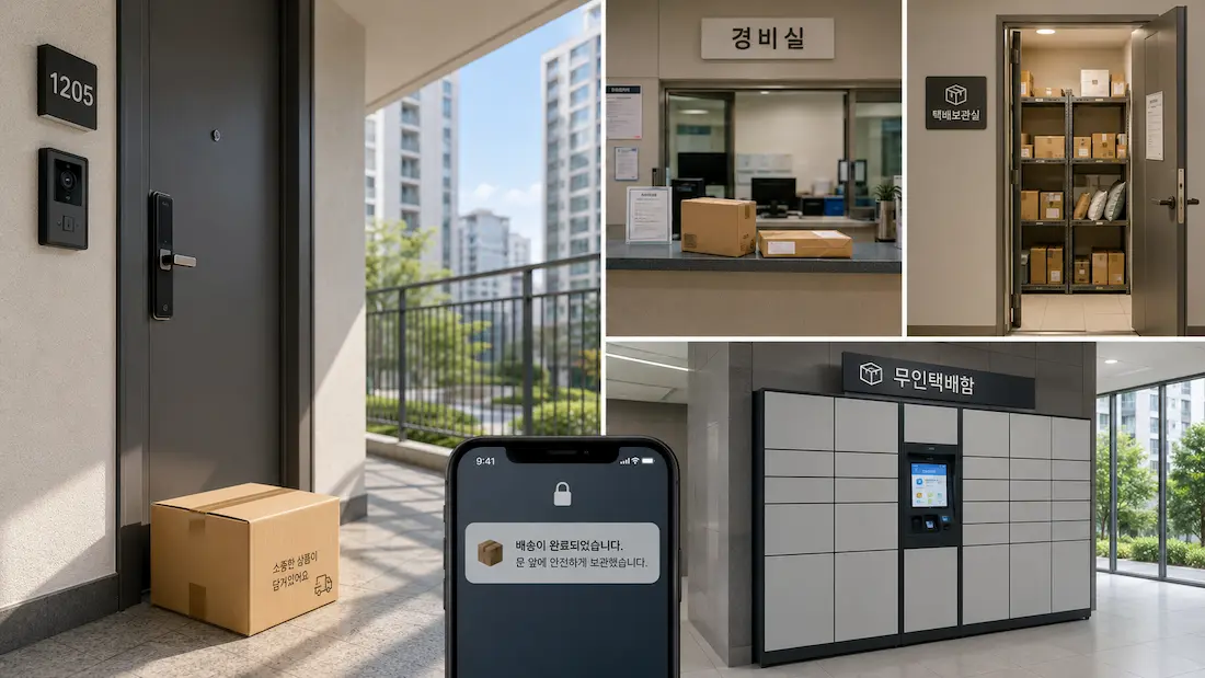 Korean apartment package delivery with doorstep parcel, security office, parcel room, and unmanned parcel locker