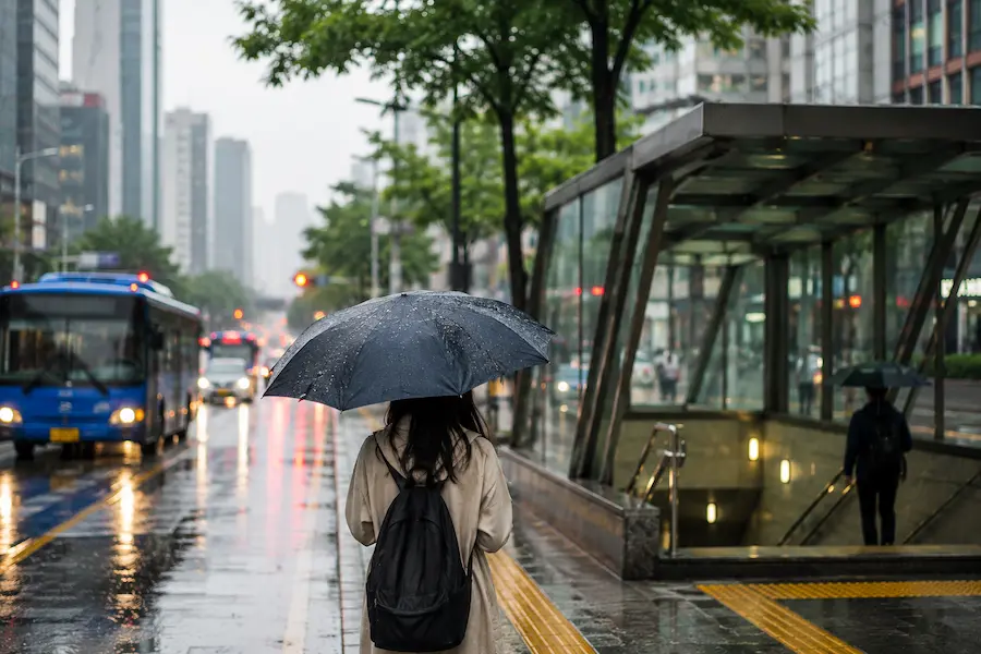 A traveler holding an umbrella near a bus and subway entrance on a rainy day in Seoul