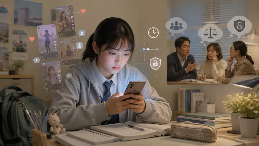 Korean teenager using a smartphone while adults discuss teen social media safety