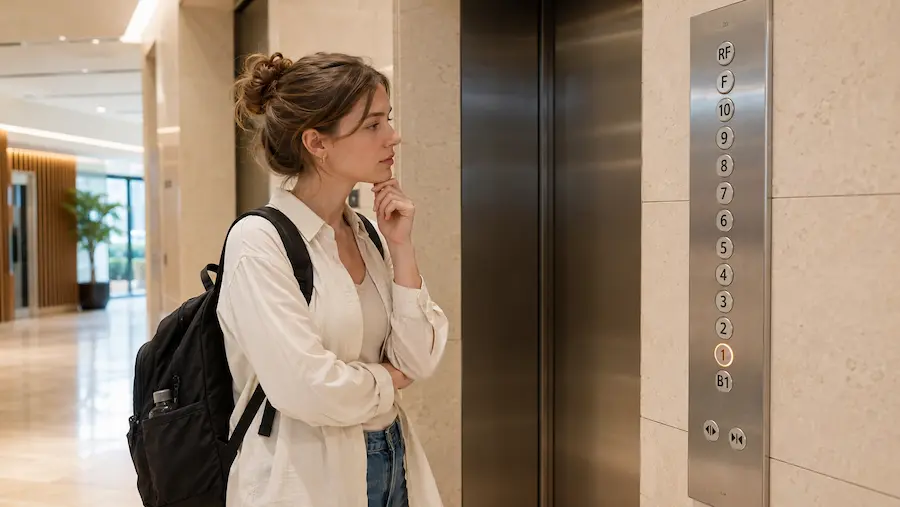 Foreign traveller checking elevator floor buttons in a Korean building