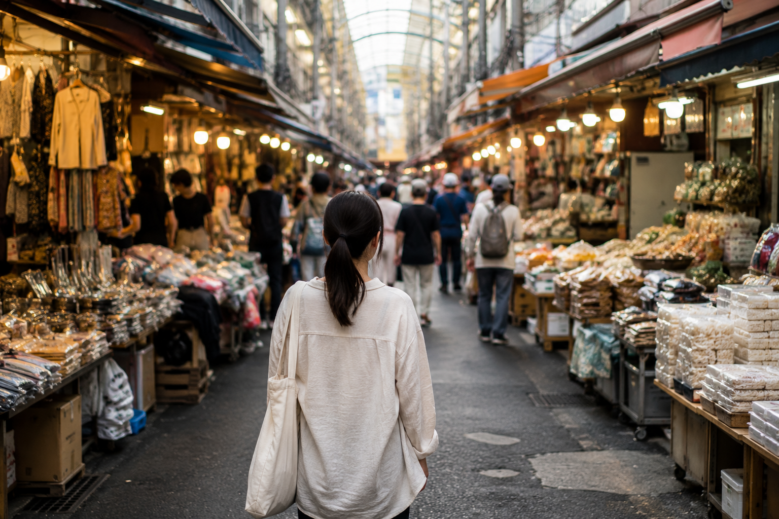 A shopper walking through a busy Korean market street with clothing, food, and household goods stalls