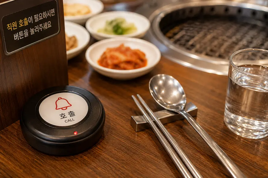 Korean restaurant call button beside metal chopsticks, a spoon, water, and side dishes