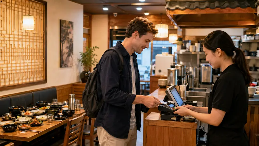 International visitor paying by card at the counter of a Korean restaurant after finishing a meal