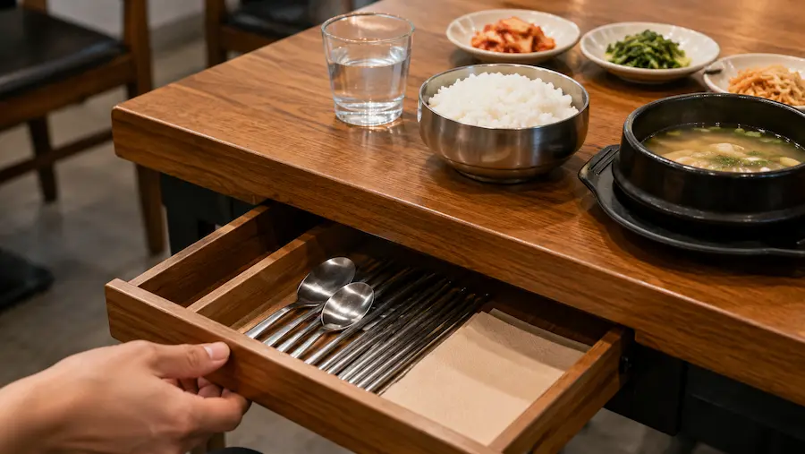 Metal spoons and chopsticks inside a drawer under a Korean restaurant table
