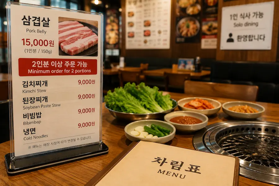 Korean restaurant menu showing a minimum order of two portions with individual meal options