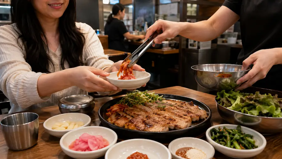 Restaurant staff refilling kimchi side dish for a customer at a Korean restaurant