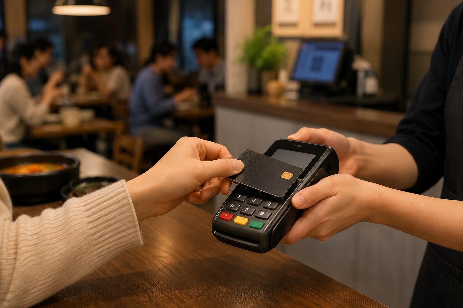 Customer paying by card at a Korean restaurant counter