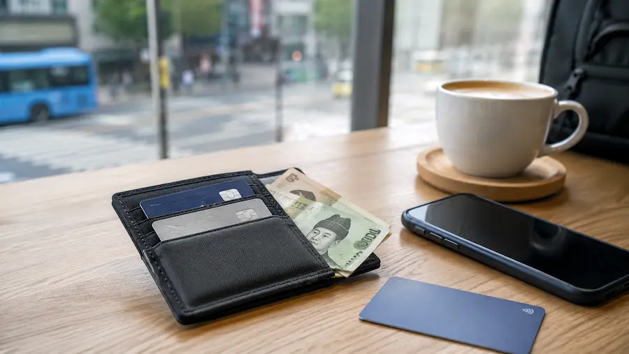 Cardholder with payment cards and Korean won cash for travel in Korea