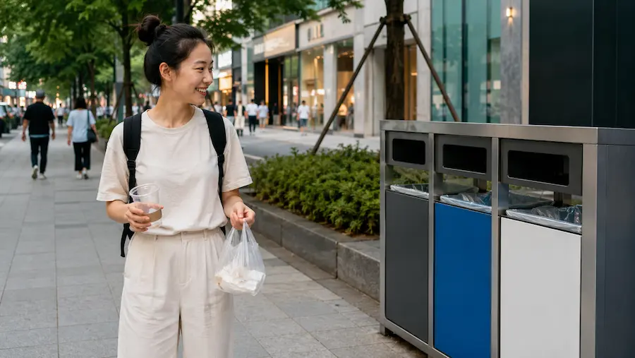 Traveler holding a takeout cup and small waste bag beside public trash bins in Korea