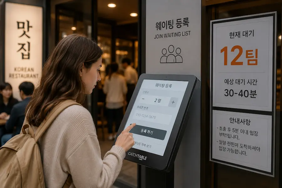 Foreign visitor joining a restaurant waiting list on a tablet in Korea