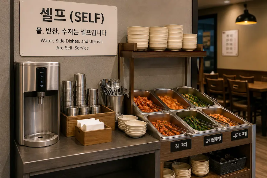 Self-service water, utensils, and side dish station inside a Korean restaurant