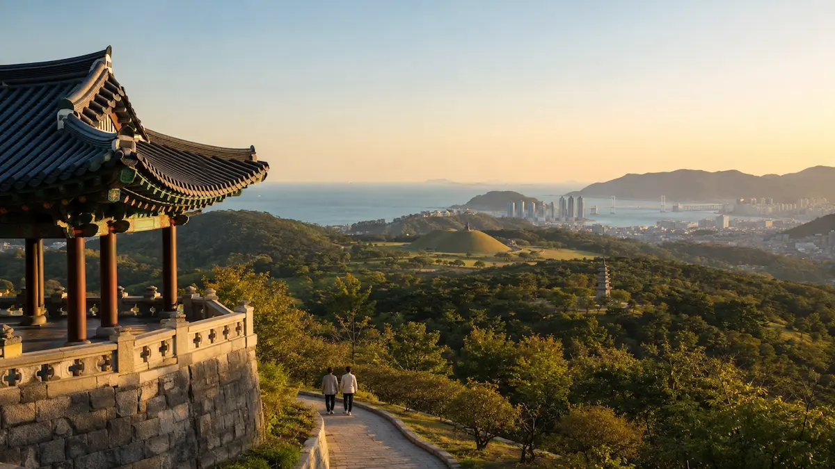 Traditional Korean architecture overlooking a coastal city on a 10-day Korea itinerary through Seoul, Gyeongju and Busan