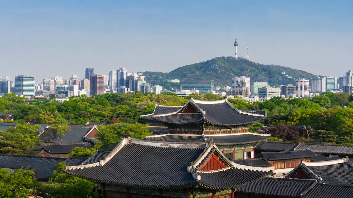 Traditional Korean palace rooftops with the Seoul skyline and N Seoul Tower