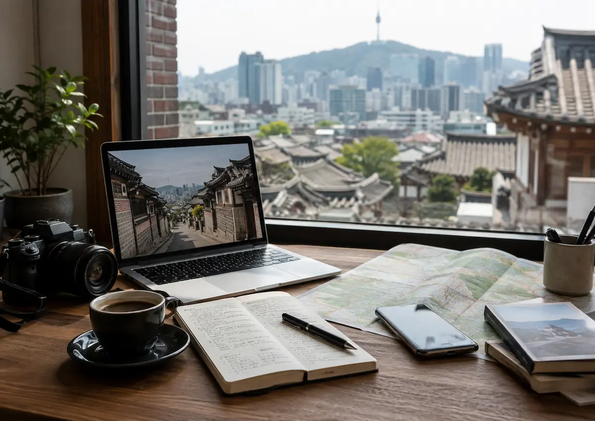 About CoreaDesk editorial standards with a research desk overlooking Seoul and traditional Korean rooftops