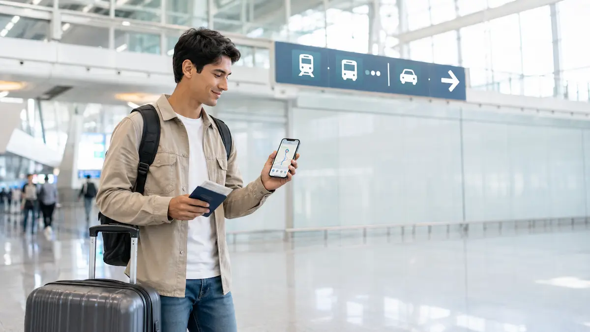 International traveler checking transport directions after arriving at Incheon Airport in Korea