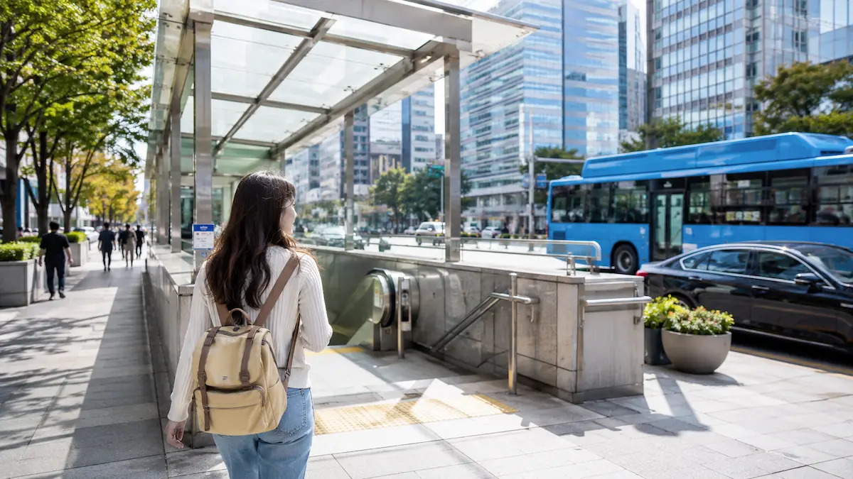 Getting around South Korea with a subway entrance and city bus in Seoul