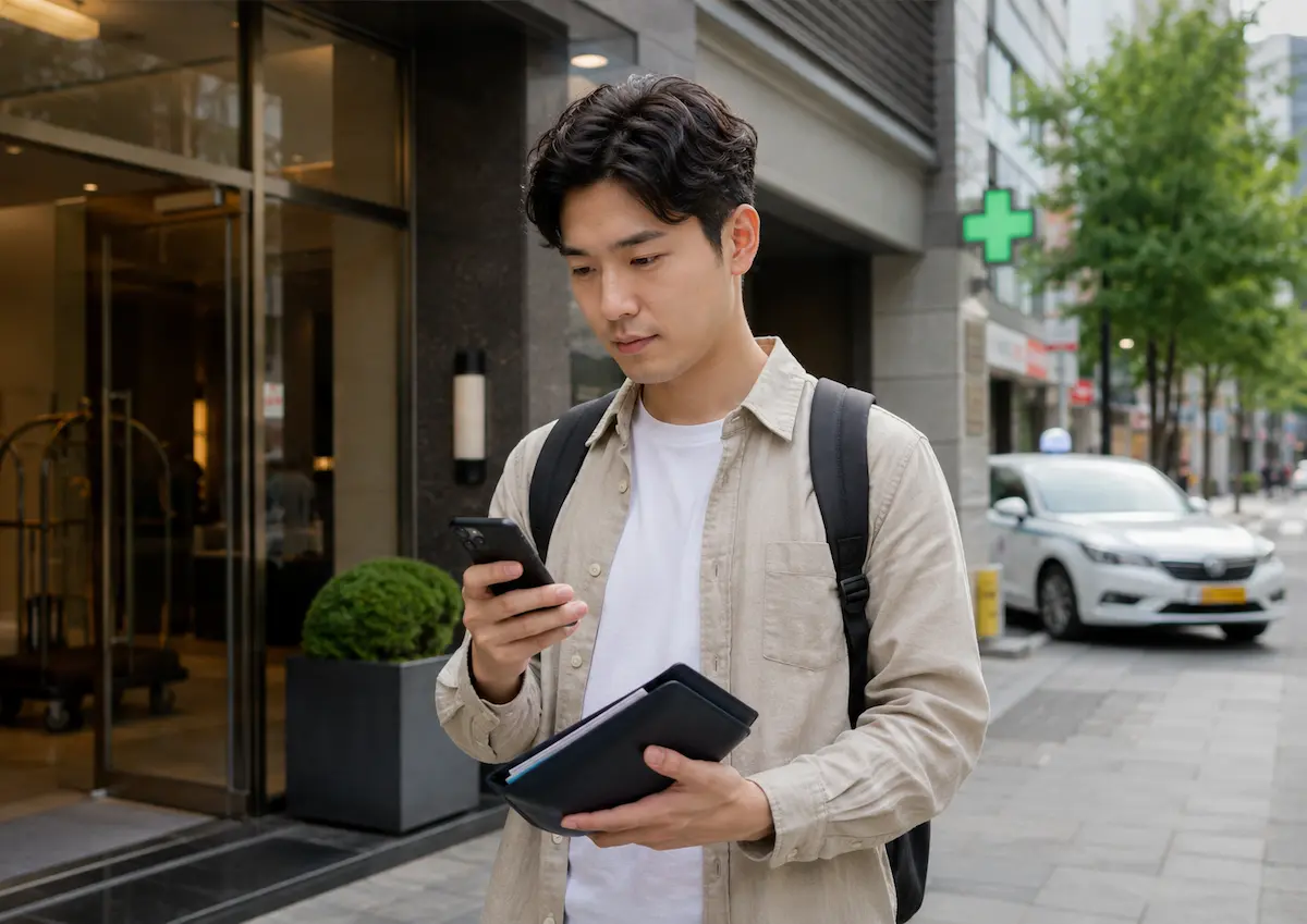 Help and safety in Korea guide showing a traveller checking a phone outside a hotel with a pharmacy sign nearby