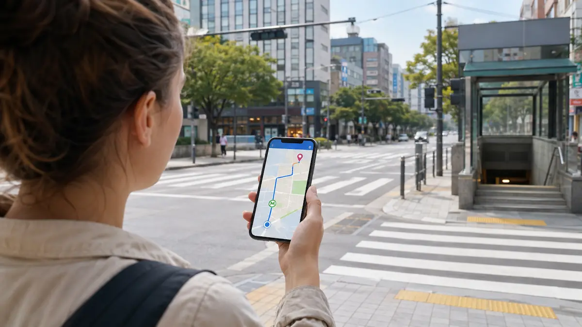 Traveler using a Korean map app to navigate a street in Seoul