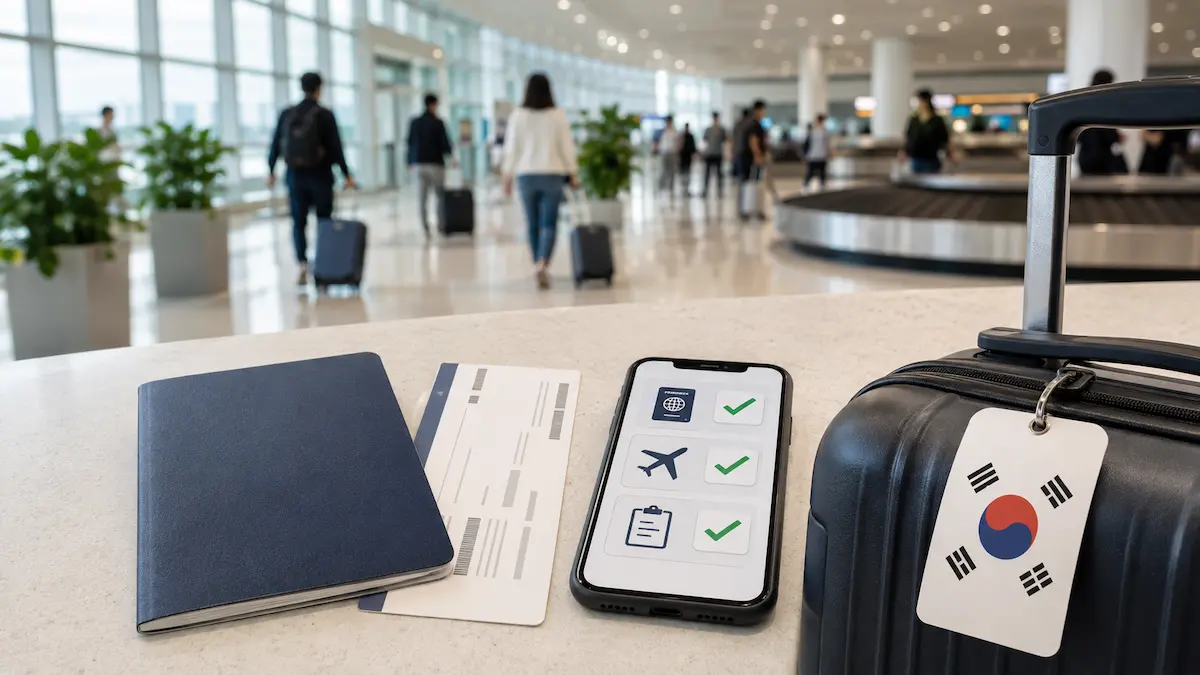 Passport, boarding pass and Korea entry checklist prepared for arrival in South Korea