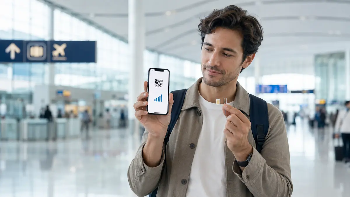 Traveler comparing a physical SIM card and an eSIM at a Korean airport
