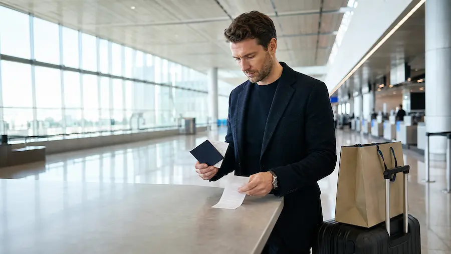 Traveller checking tax refund documents before departure at Incheon Airport