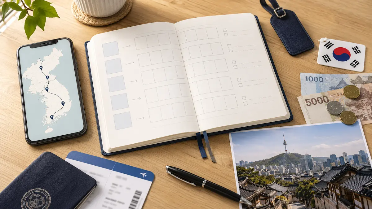 Korea trip planning timeline with a checklist, South Korea map, passport and Seoul travel details