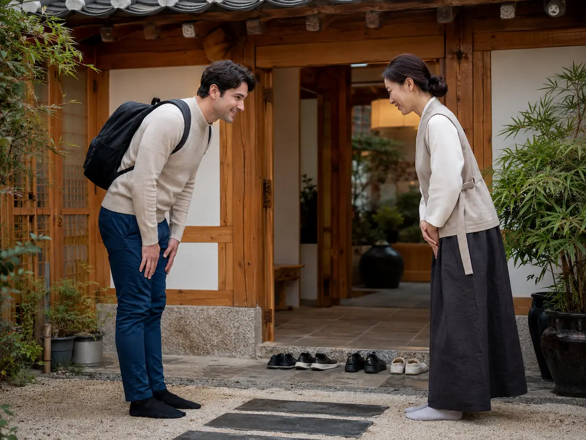 Korean culture and etiquette guide showing a traveller greeting politely at a traditional Korean hanok