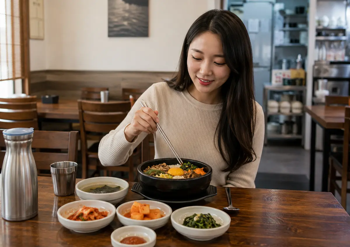 Korean food and dining guide featuring a traveller enjoying bibimbap with side dishes in a Korean restaurant