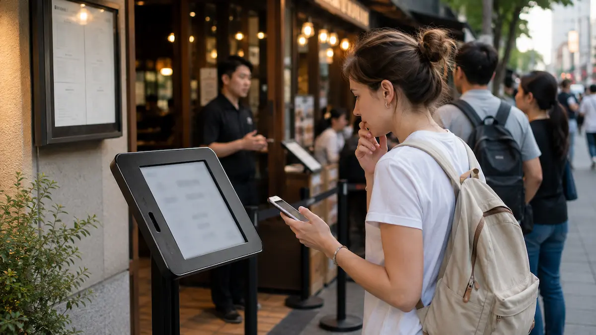Foreign visitor checking a restaurant waiting kiosk and phone in Korea