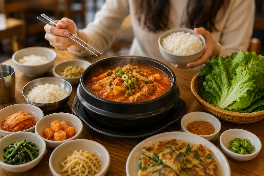 Diner eating spicy Korean stew with rice, mild side dishes and lettuce
