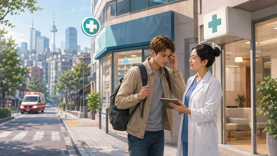 Foreign traveler receiving medical guidance outside a clinic in Seoul, with a pharmacy and ambulance nearby