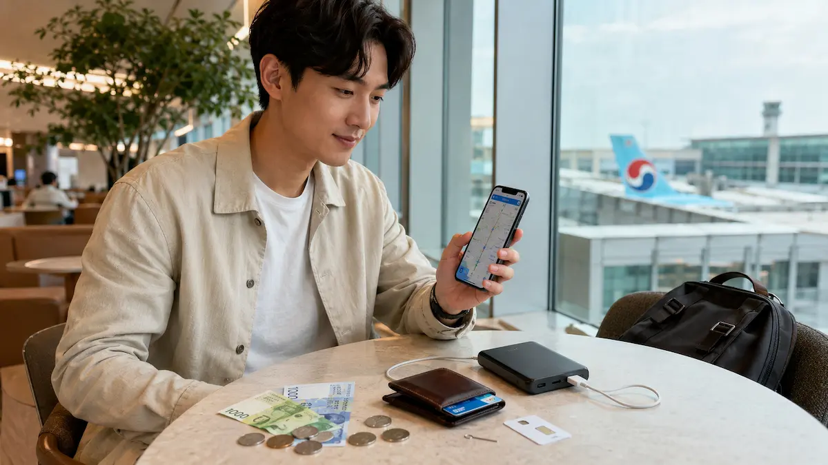 South Korea travel essentials with a traveller using a phone beside cash, cards, a SIM card and a power bank at an airport