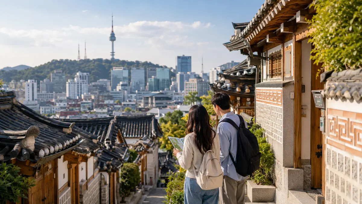 South Korea travel guide for first-time visitors with a traveller overlooking Seoul