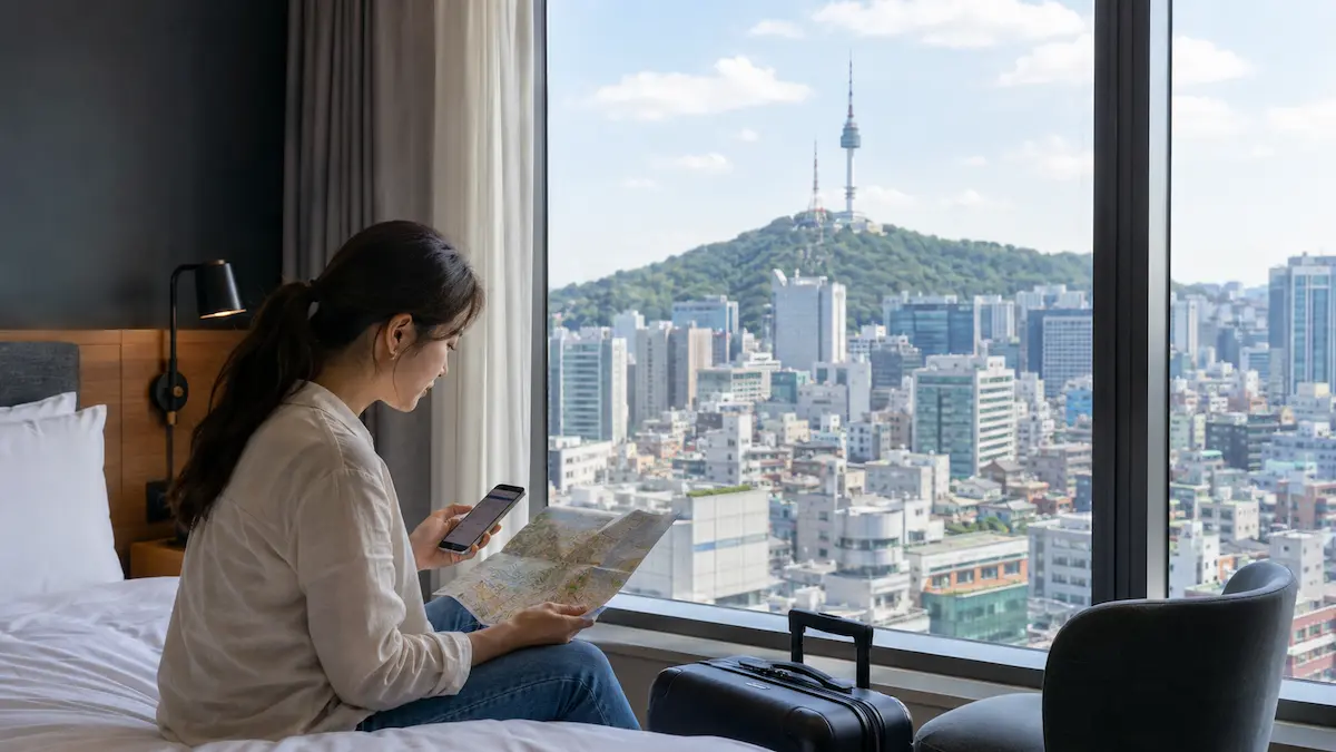 First-time visitor choosing where to stay in Seoul with N Seoul Tower in the background