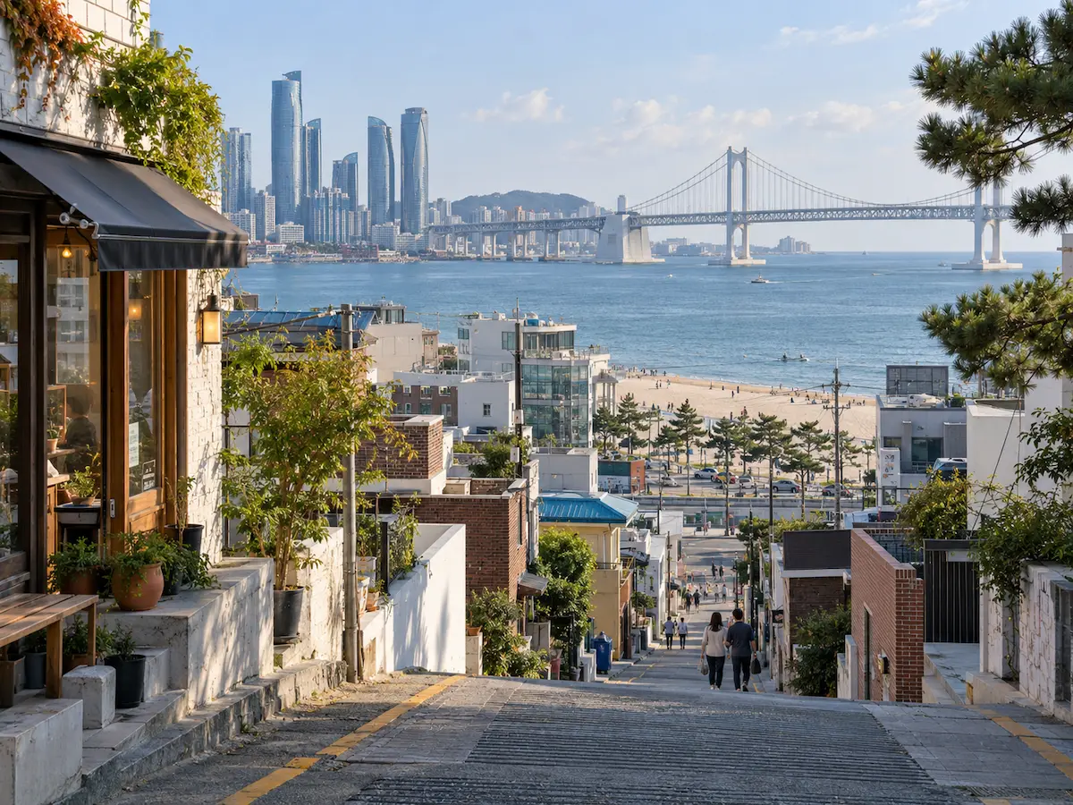 Busan coastal neighbourhood with Gwangan Bridge and skyline