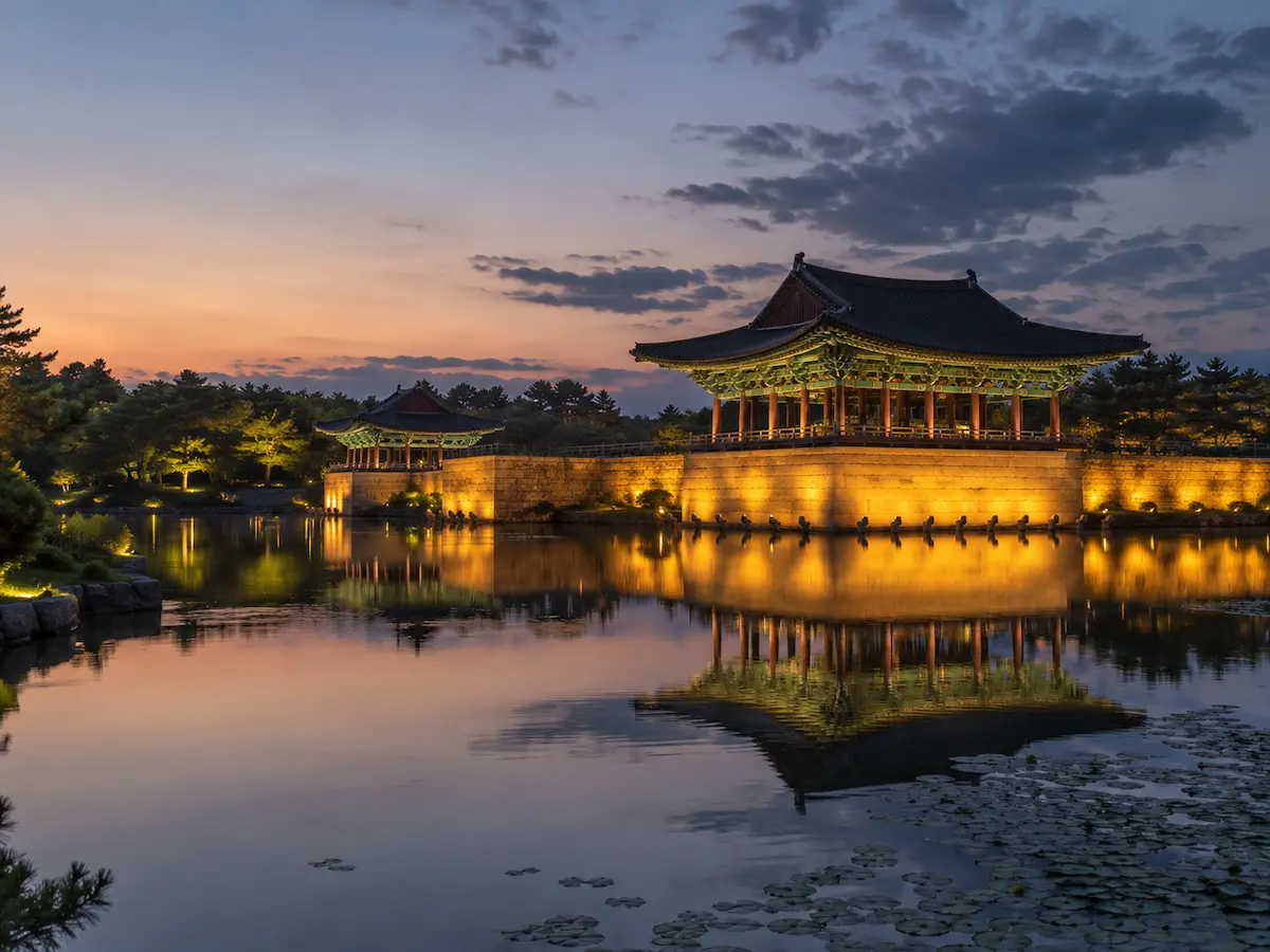 Donggung and Wolji in Gyeongju reflected on the pond at twilight