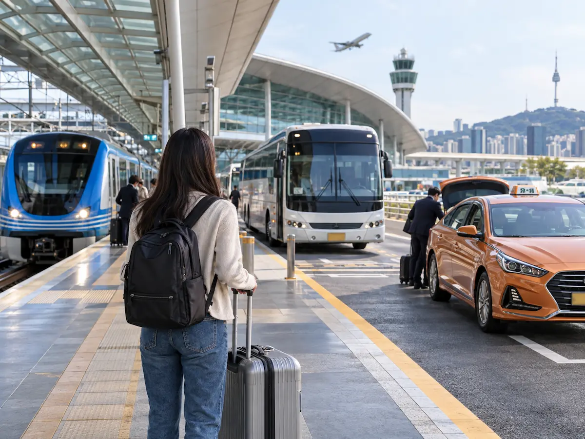 Traveller at Incheon Airport comparing AREX train, airport bus and taxi options to Seoul