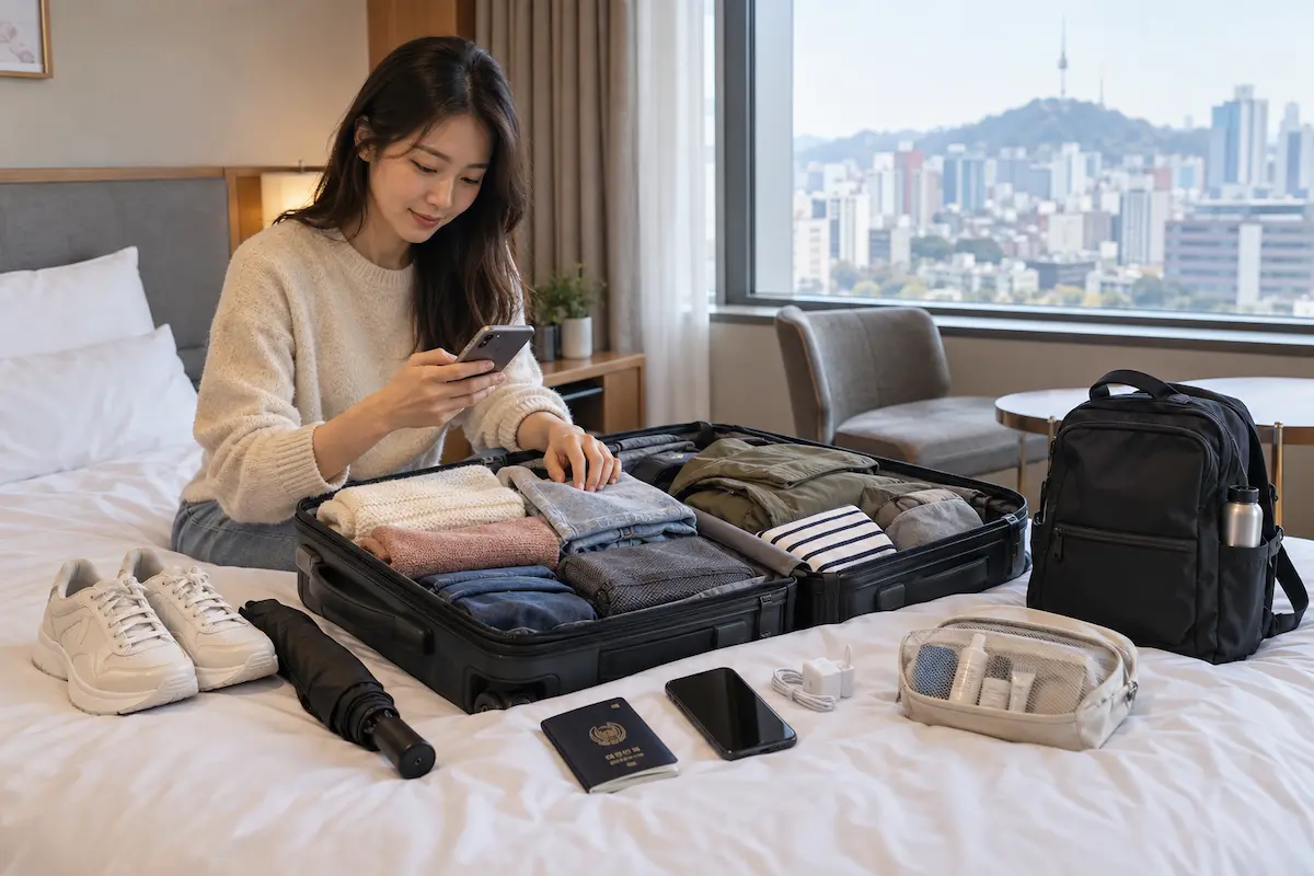Traveler packing seasonal clothes and travel essentials for a first trip to South Korea