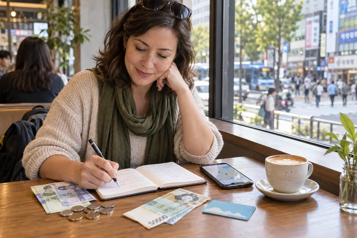 Traveler planning a South Korea travel budget at a cafe in Seoul